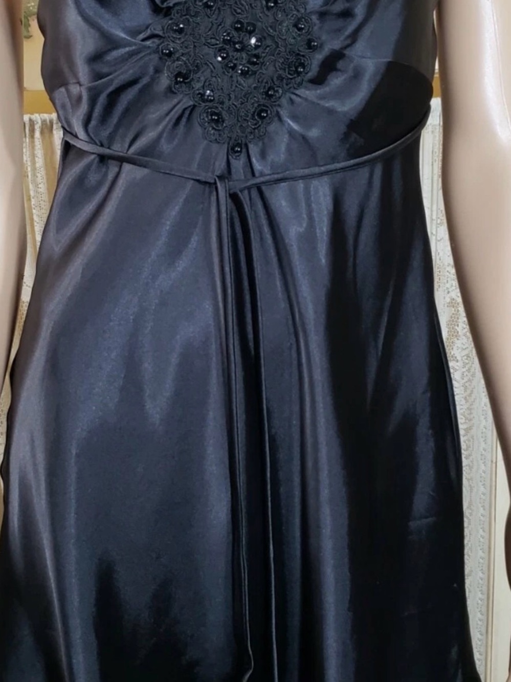 Linea Donatella Vintage Black Satin Nightgown Beaded Lace Ruffle Hem Babydoll